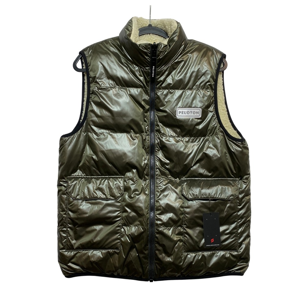 Peloton Sherpa Vest Mens Large Olive H120 Puffer Metallic Quilted Reversible